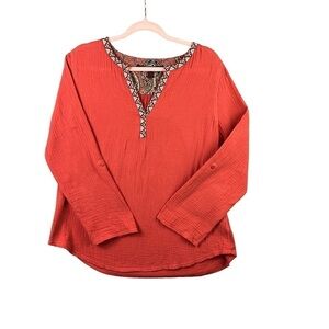 A Common Thread -Anthropology- Blouse Burnt Orange Roll Tab Sleeve V Neck Size L